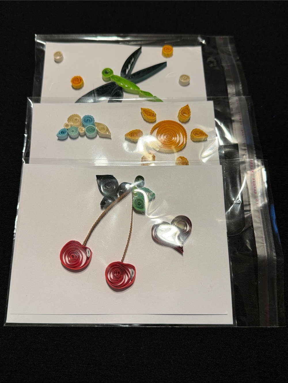 Handmade Quilling Card (Set of 3) - Cherries, Ocean, and Dragonfly.